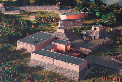 Reconstruction of the Acropolis of the Cerro de Santiago site. RECONSTRUCTION: MANUEL DUEÑAS.
